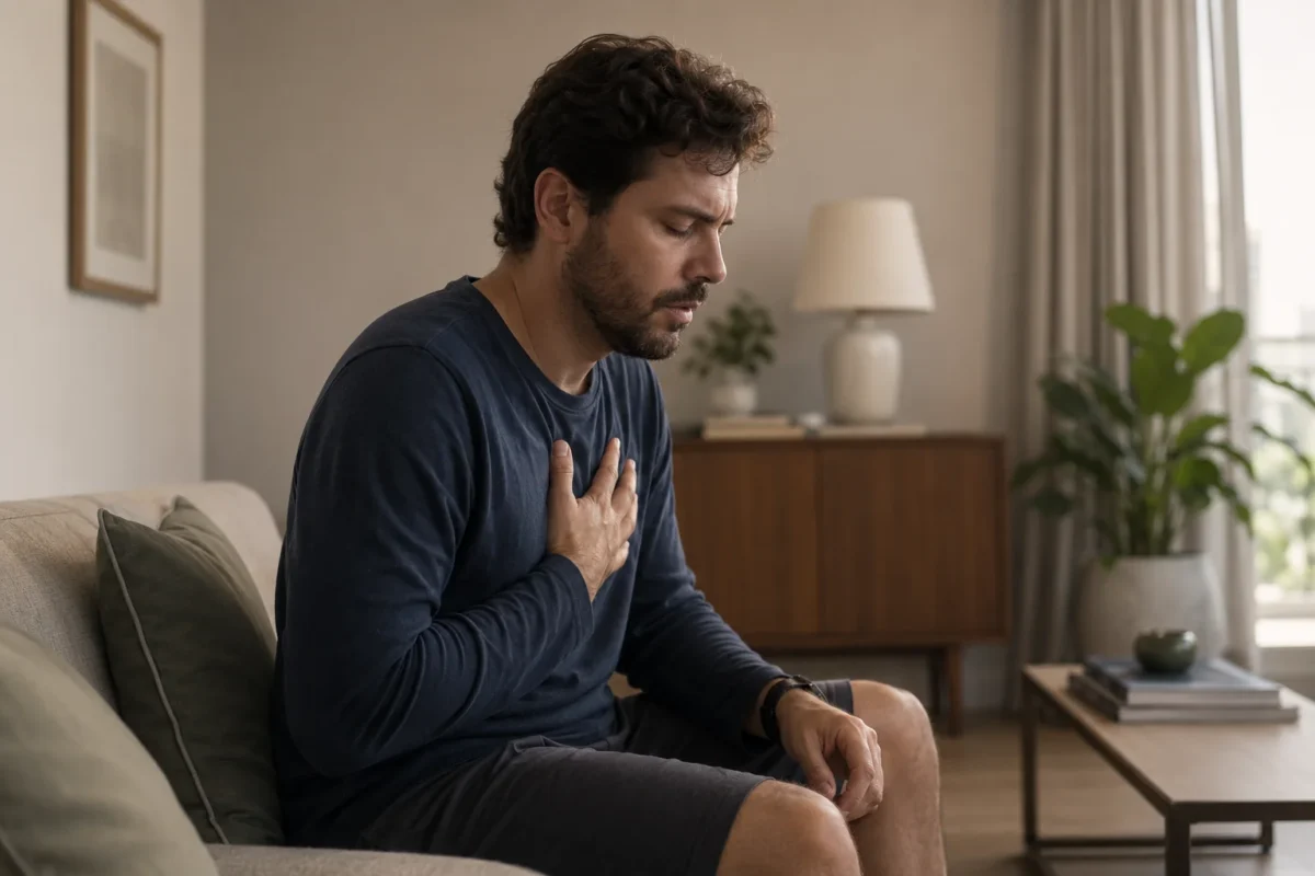 Homem brasileiro adulto em casa, sentado com uma mão próxima ao peito e respirando de forma controlada