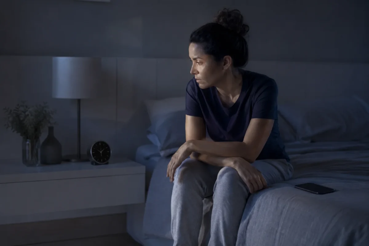 Mulher brasileira acordada à noite em quarto organizado, sentada na cama observando o relógio e o celular virado para baixo