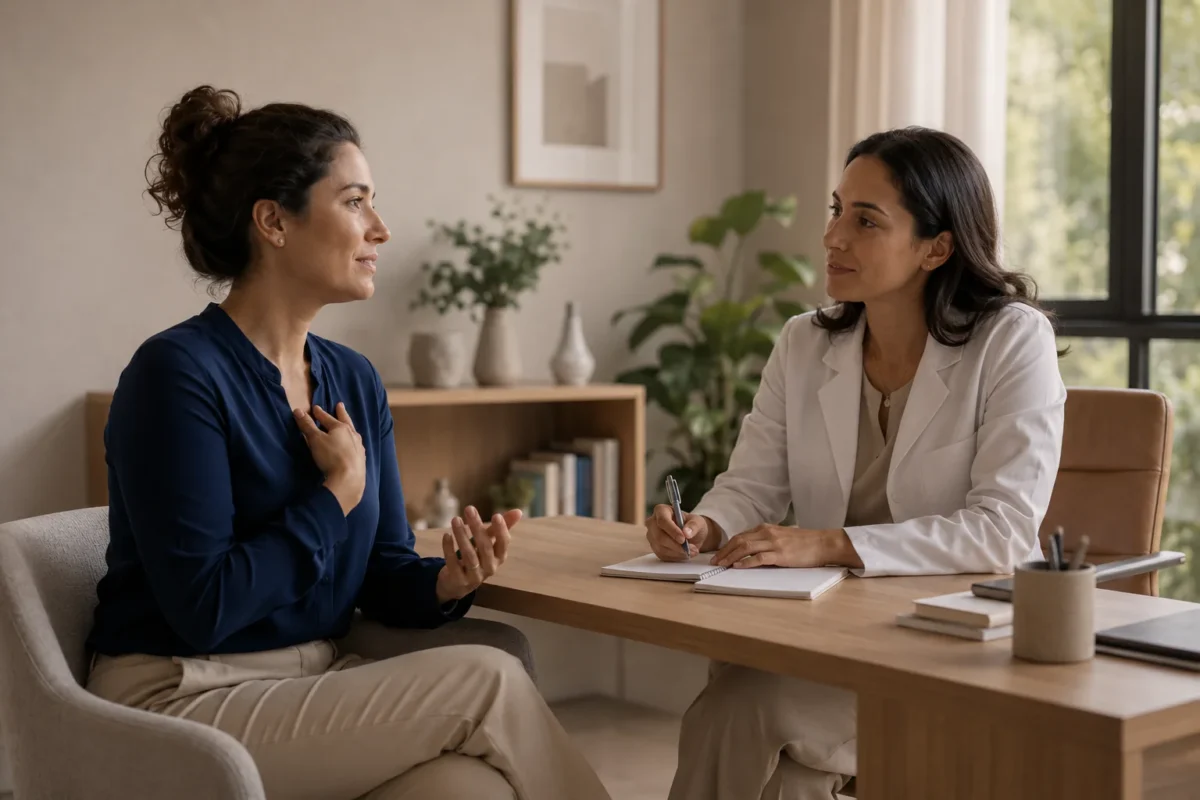 Consulta de saúde mental em ambiente brasileiro acolhedor, com paciente adulta e médica conversando sobre sintomas, rotina e estratégias de cuidado