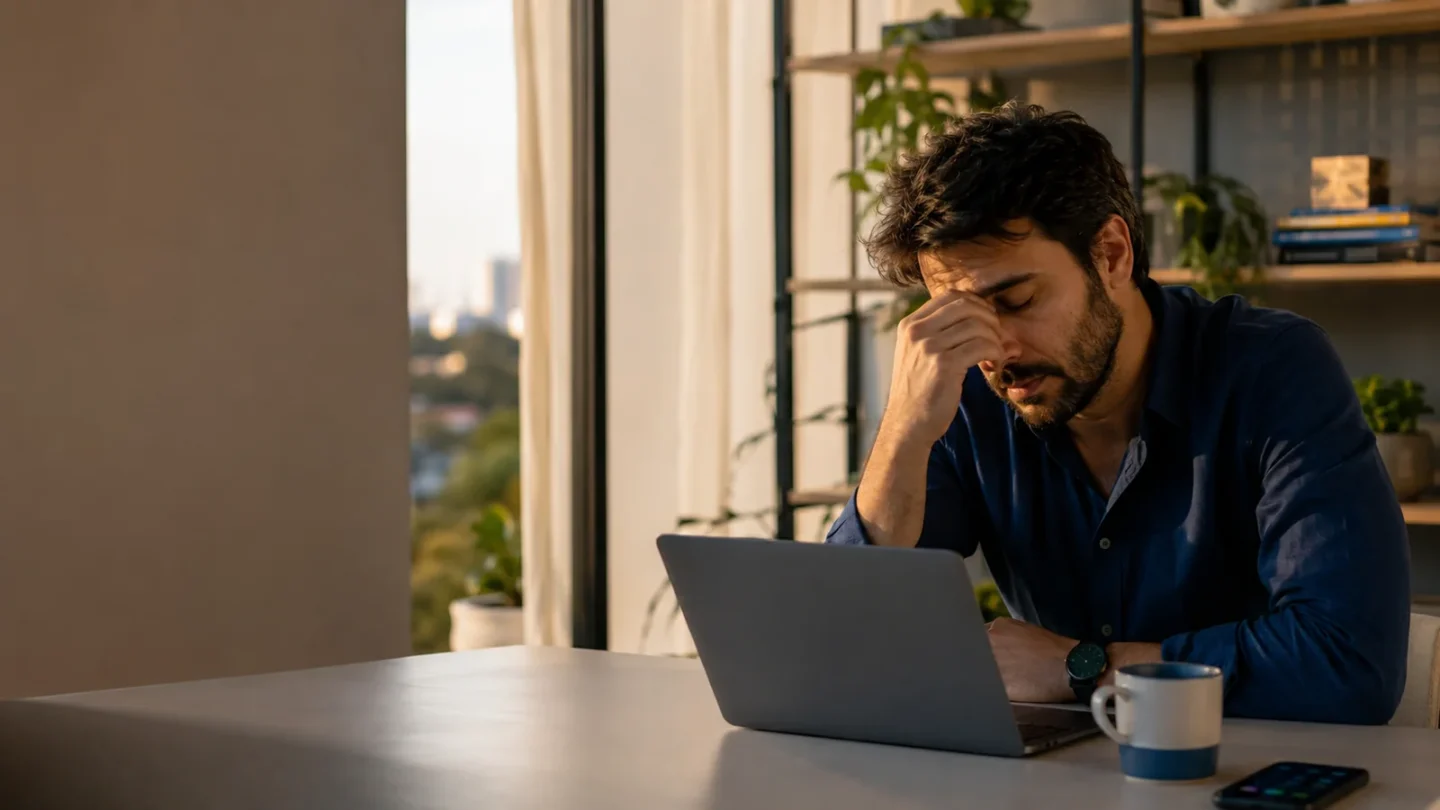 Profissional brasileiro entre 30 e 45 anos sentado em home office ao fim do dia