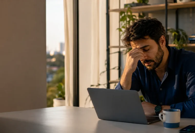 Profissional brasileiro entre 30 e 45 anos sentado em home office ao fim do dia
