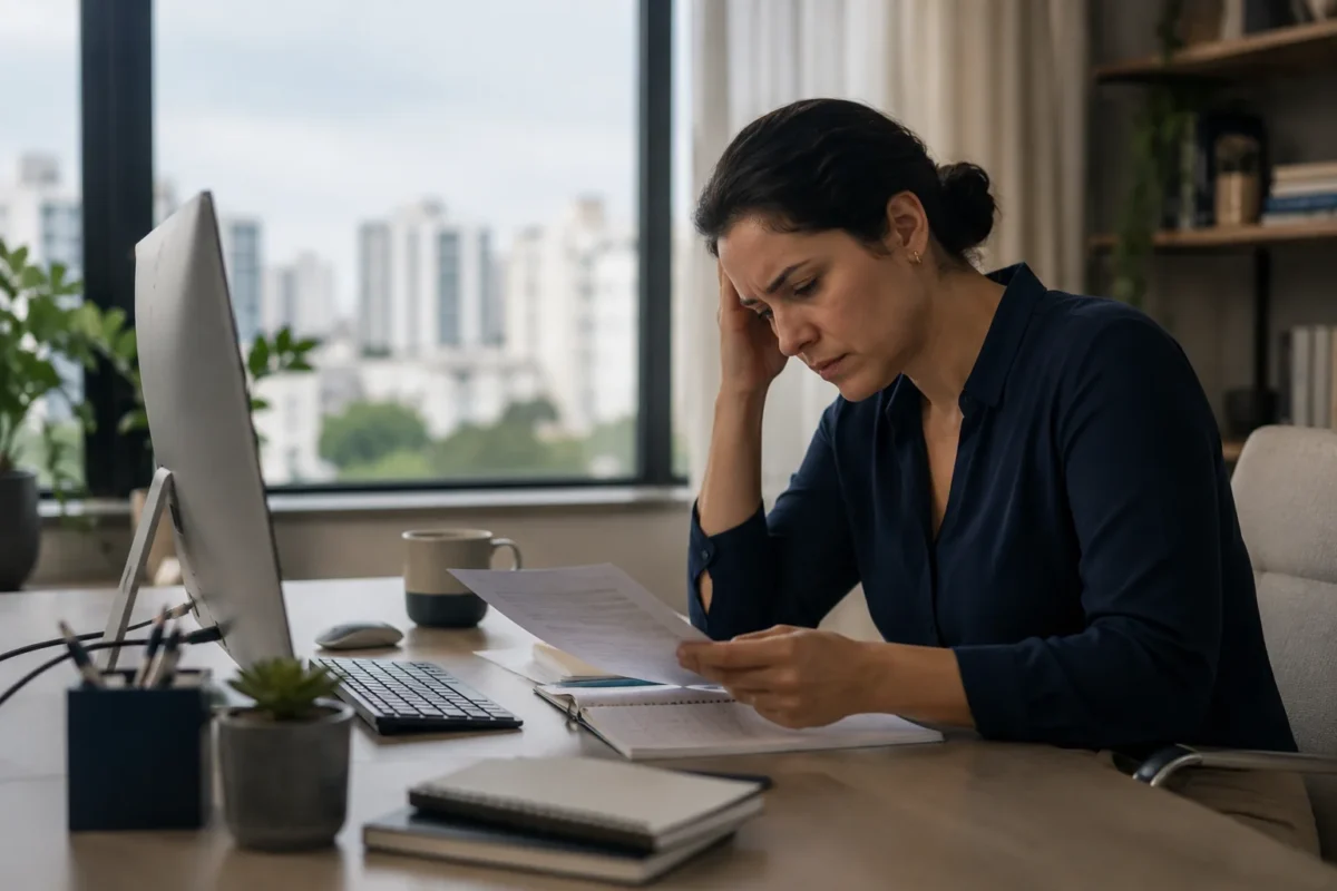 Profissional brasileira diante de tarefa simples no computador, tentando se concentrar enquanto observa anotações e calendário