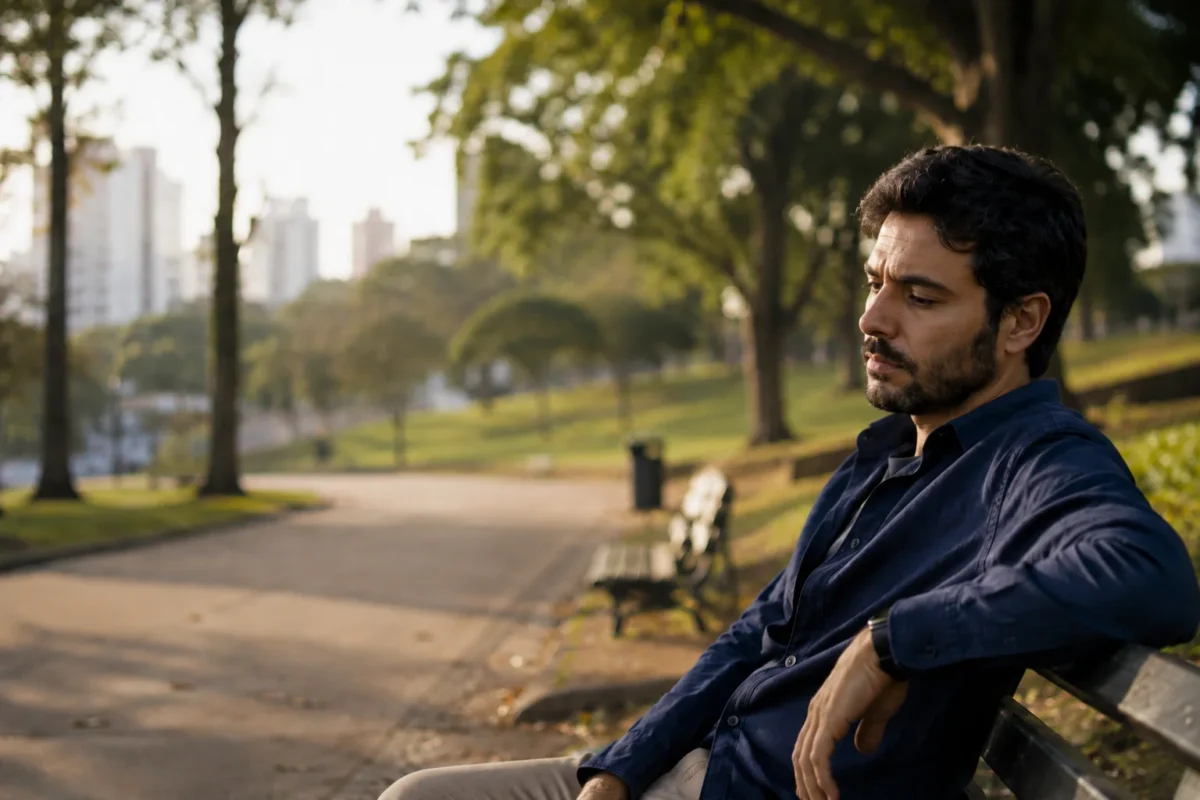 Pessoa adulta em parque urbano brasileiro durante o fim de semana, sentada em banco em ambiente tranquilo, mas ainda com expressão de esgotamento e distância mental