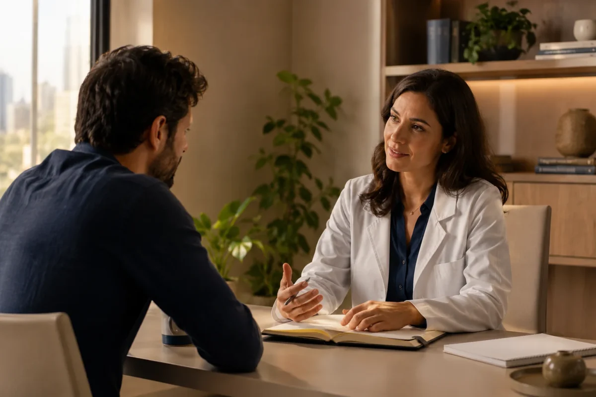 Consulta acolhedora com profissional adulto e médica conversando sobre trabalho, sono, rotina e limites