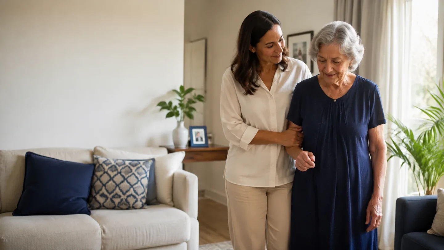 Mulher brasileira adulta caminhando lentamente pela sala com sua mãe idosa, apoiando-a de forma discreta