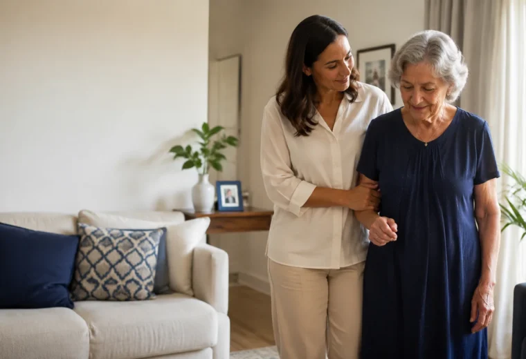 Mulher brasileira adulta caminhando lentamente pela sala com sua mãe idosa, apoiando-a de forma discreta