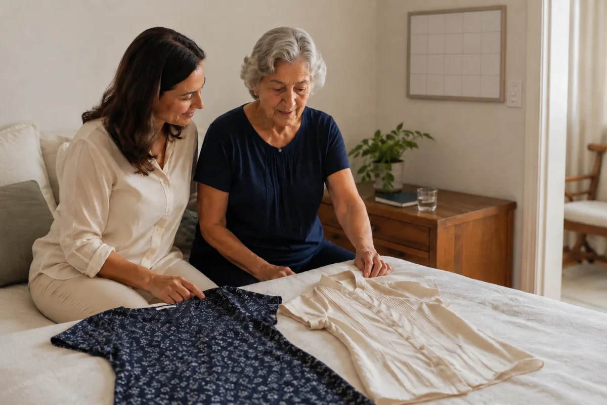 Filha adulta organiza com a mãe idosa uma rotina simples em casa: duas opções de roupa sobre a cama, calendário visual discreto e objetos pessoais familiares