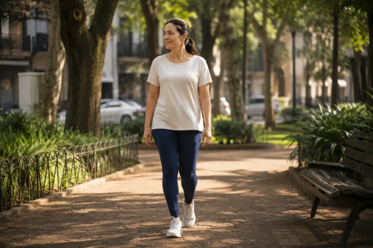 Cuidadora brasileira praticando caminhada leve em um parque urbano enquanto outro familiar permanece em casa com o idoso