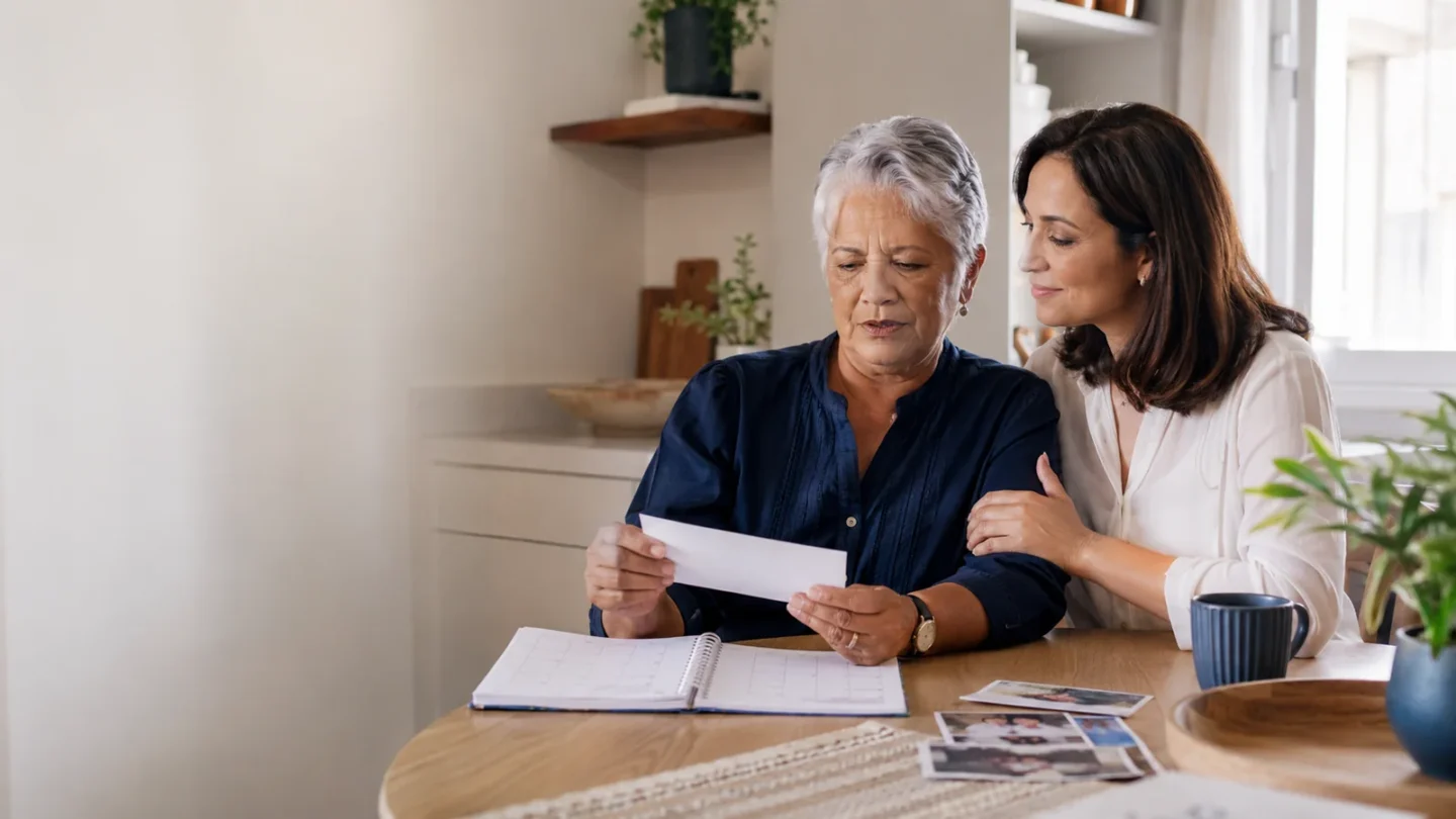 Mulher brasileira entre 74 e 82 anos sentada à mesa de uma cozinha clara e organizada, acompanhada por uma filha adulta