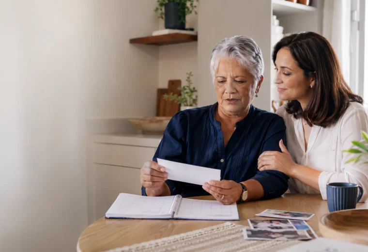 Mulher brasileira entre 74 e 82 anos sentada à mesa de uma cozinha clara e organizada, acompanhada por uma filha adulta