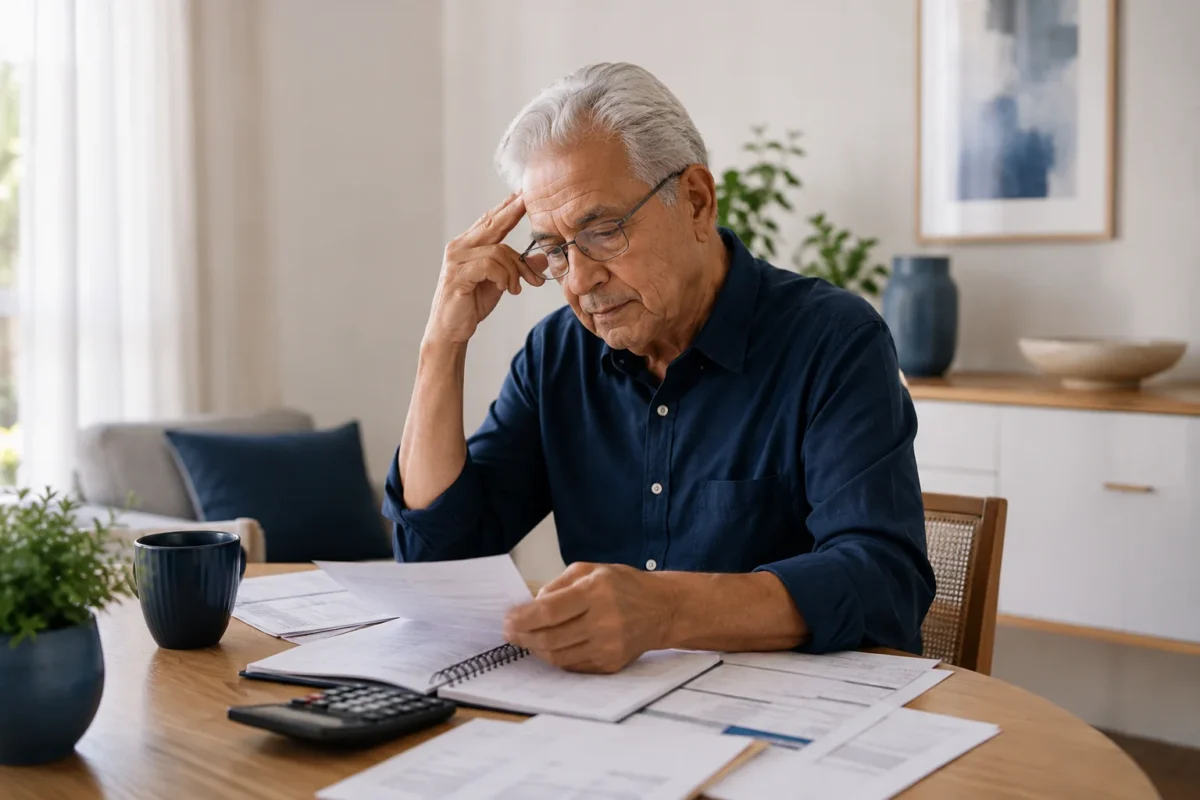 Homem brasileiro entre 72 e 80 anos sentado em uma escrivaninha de casa com contas, calculadora simples e caderno