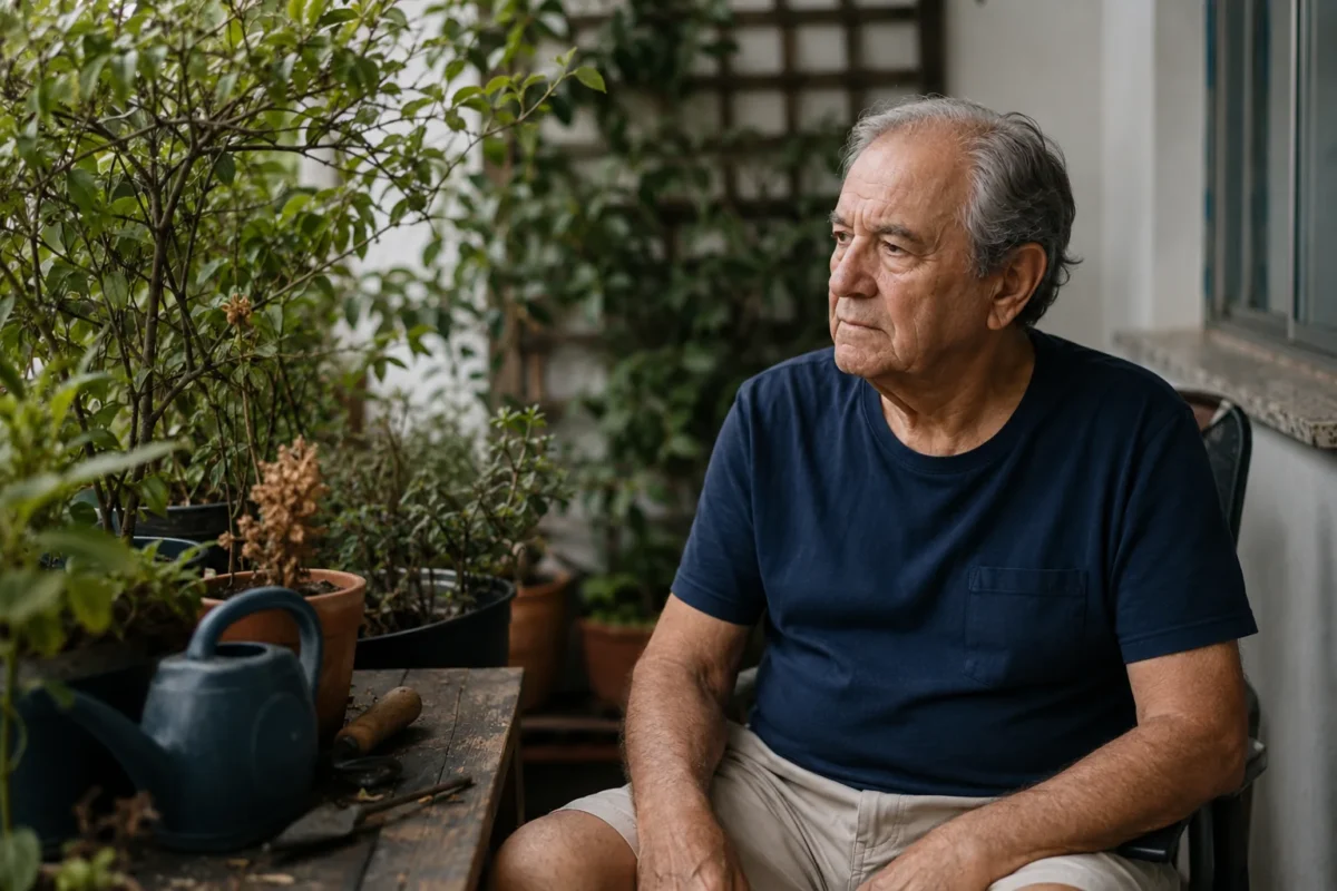 Homem idoso brasileiro sentado próximo a plantas em uma varanda residencial