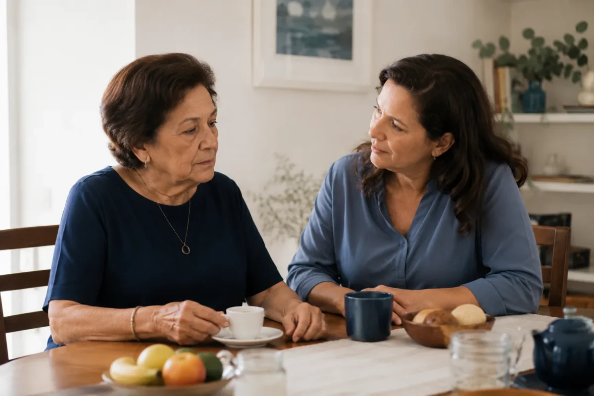 Mulher idosa conversando com a filha durante um café em casa