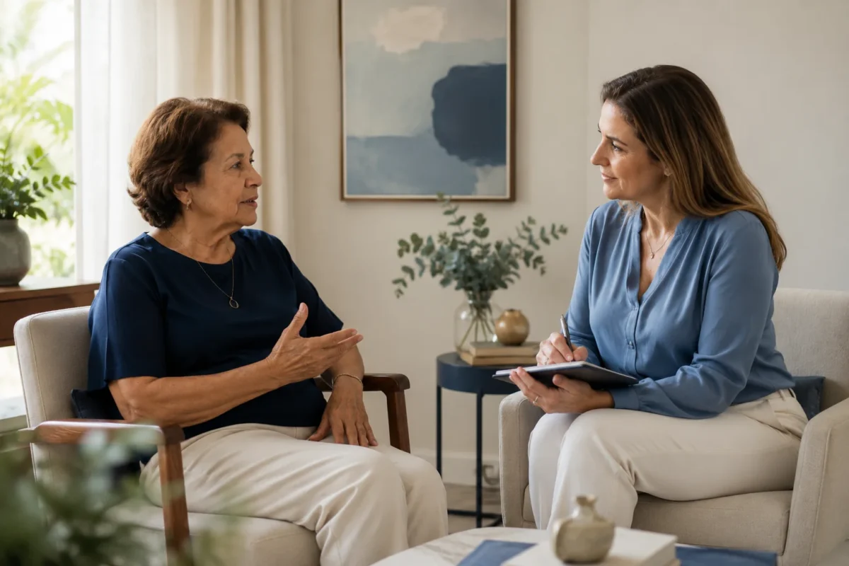 Paciente idosa em conversa acolhedora com médica psiquiatra em consultório