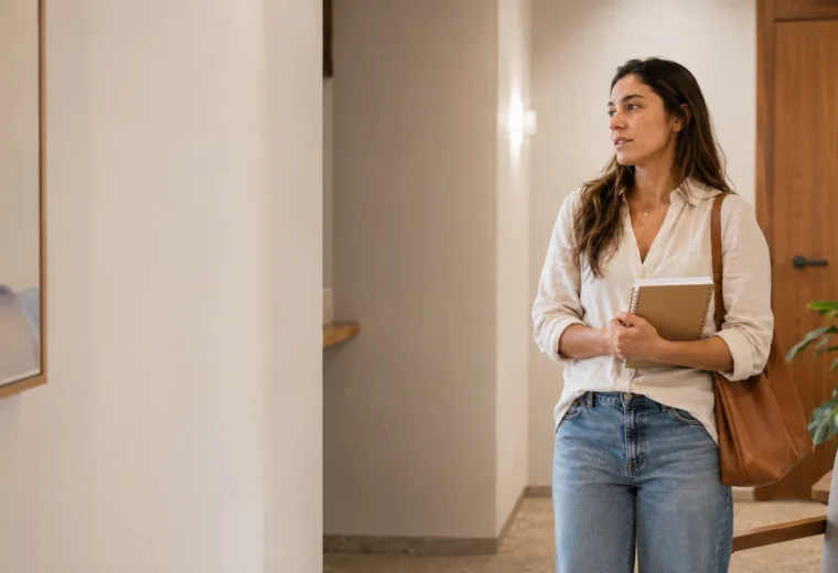 Mulher brasileira adulta chegando a um consultório de psiquiatria acolhedor, segurando uma bolsa e pequena agenda