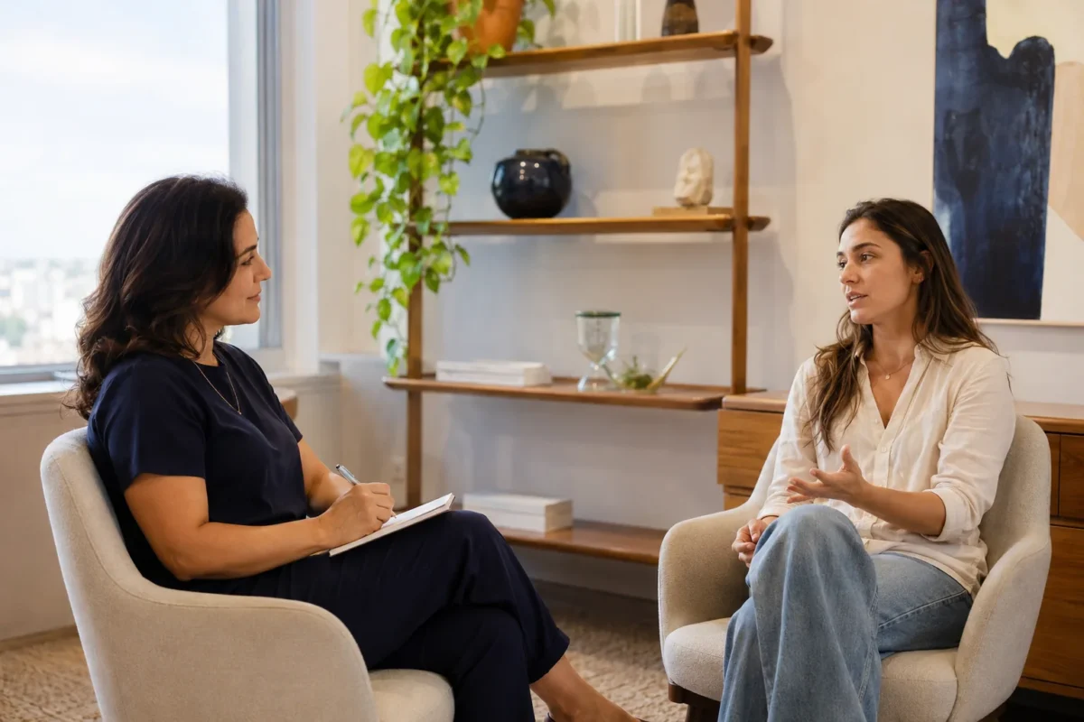 Médica brasileira e paciente adulto sentados em poltronas, conversando sem mesa como barreira