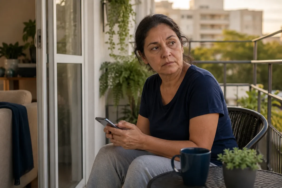 Cuidadora brasileira sentada em uma varanda pequena com o celular nas mãos, observando uma mensagem de convite de amigos sem texto legível