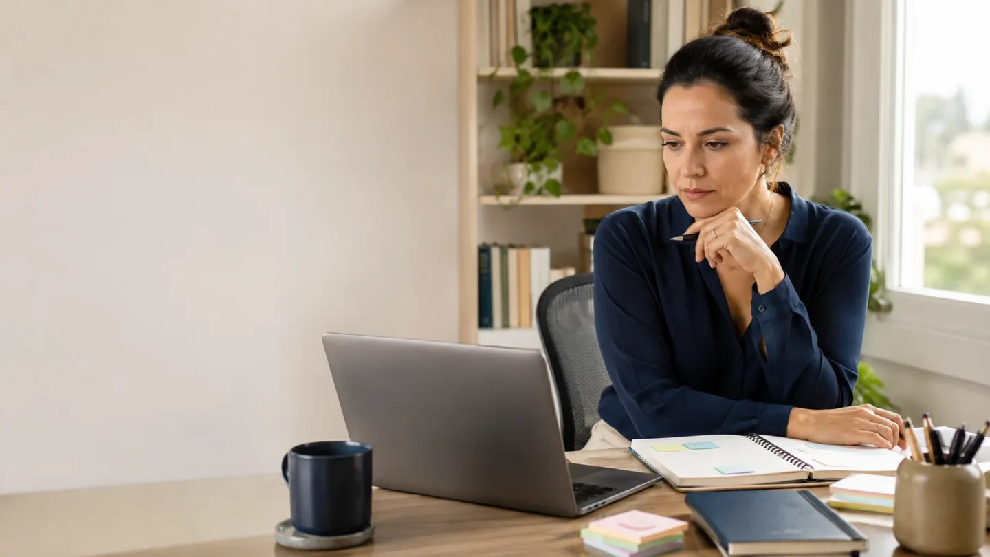 Mulher brasileira entre 32 e 45 anos em um home office organizado, porém com vários lembretes, agenda, notebook e tarefas abertas