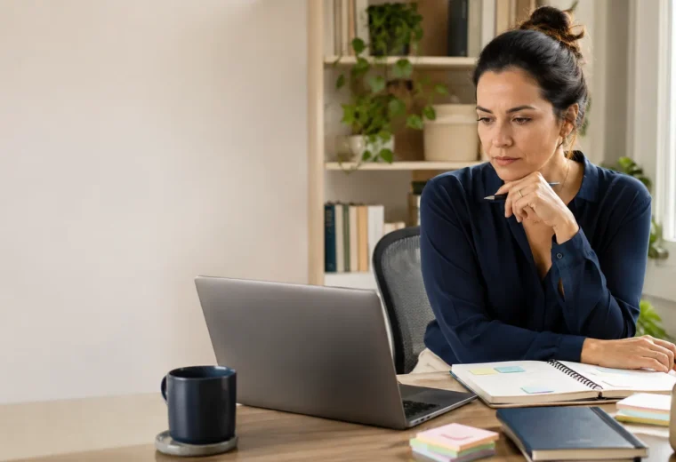 Mulher brasileira entre 32 e 45 anos em um home office organizado, porém com vários lembretes, agenda, notebook e tarefas abertas