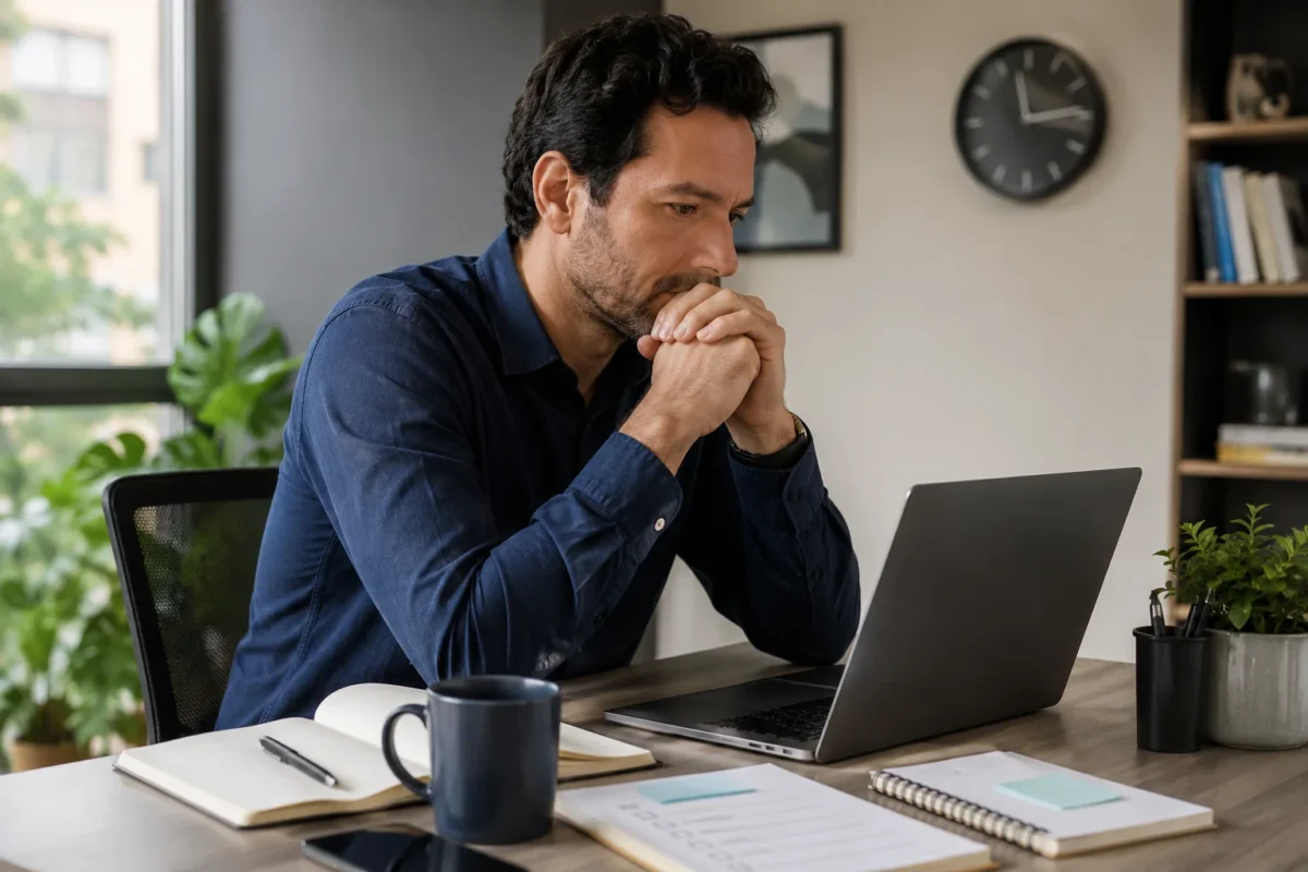 Homem brasileiro adulto diante do notebook, com uma tarefa importante aberta e pequenos objetos de trabalho ao redor