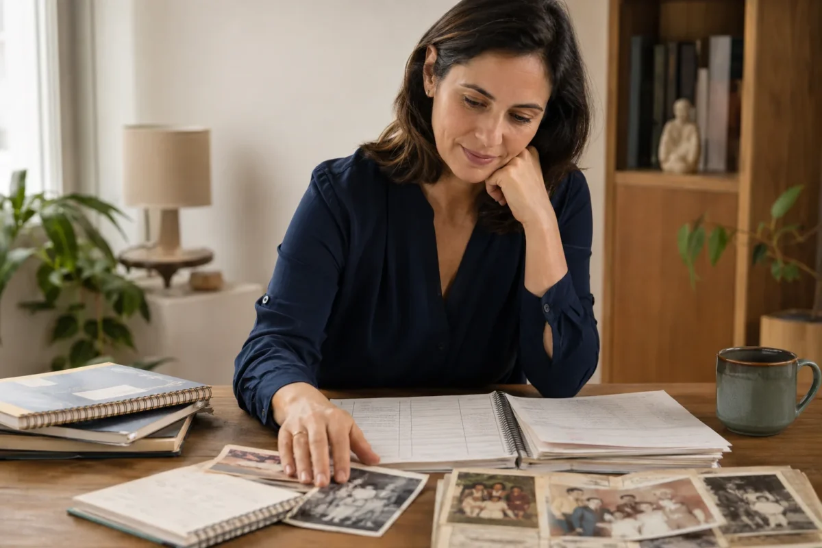 Mulher adulta brasileira observando cadernos escolares antigos, boletins sem texto legível e fotografias de infância sobre uma mesa