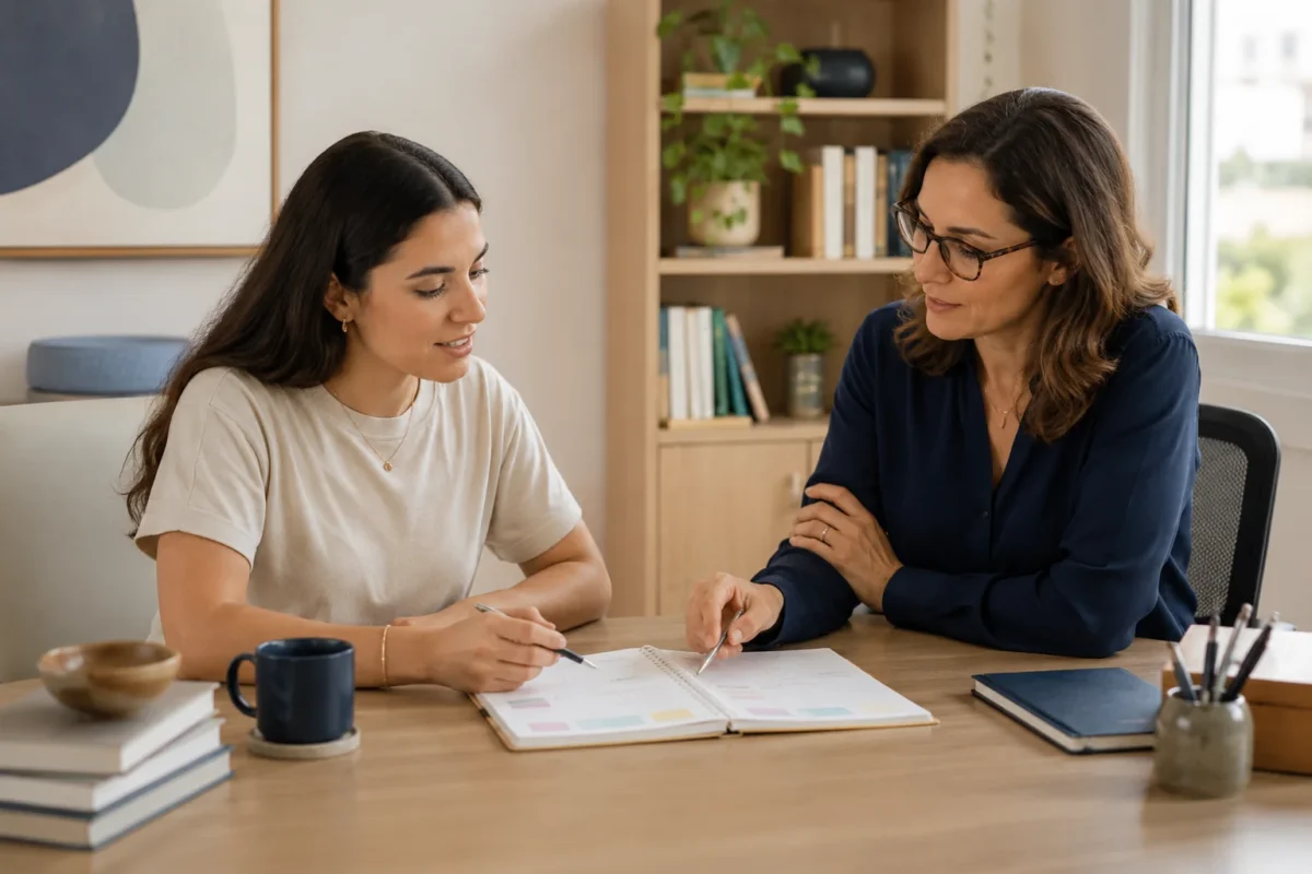 Consulta psiquiátrica acolhedora com paciente adulto e médica conversando sobre agenda semanal, estratégias de organização e rotina