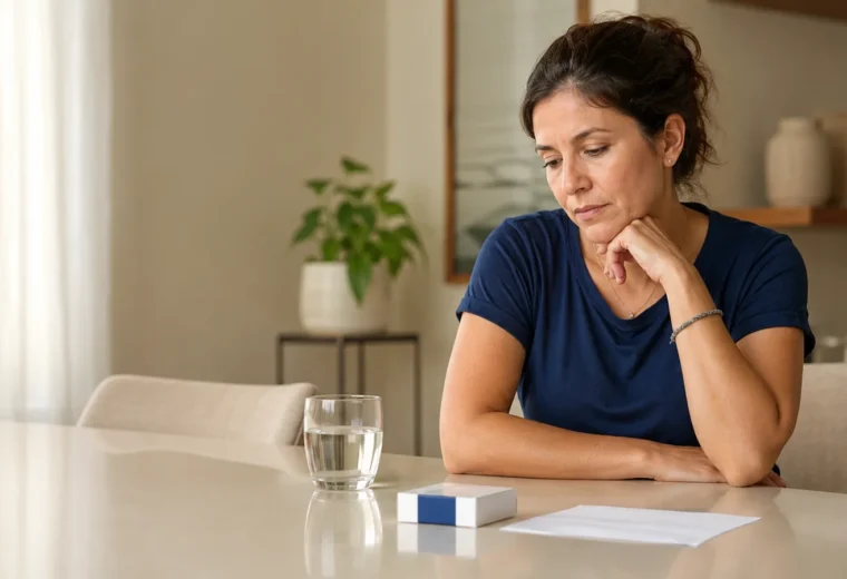 Mulher brasileira adulta sentada à mesa de casa com caixa de medicamento genérica sem marca, receita sem texto legível e copo de água