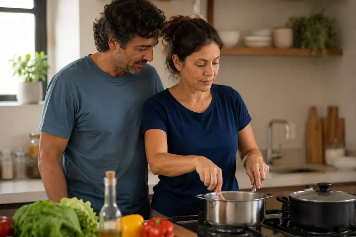Pessoa adulta brasileira retomando uma atividade significativa, como cozinhar com o companheiro, brincar com o filho ou cuidar de plantas