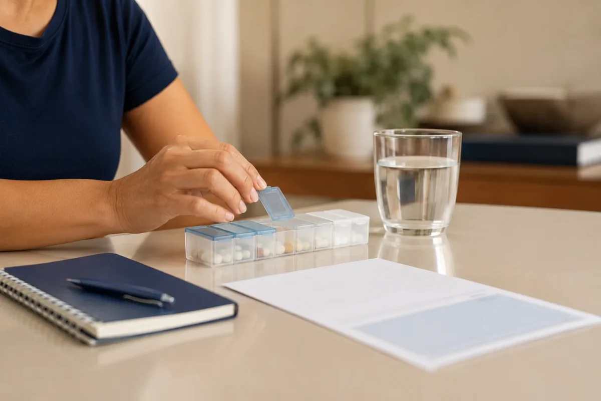 Organização segura de tratamento em casa: porta-comprimidos discreto, receita sem dados legíveis, agenda de acompanhamento e copo de água