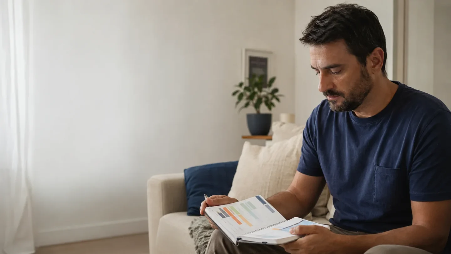 Homem brasileiro entre 30 e 45 anos sentado em uma sala clara, observando uma agenda com diferentes períodos marcados por cores discretas