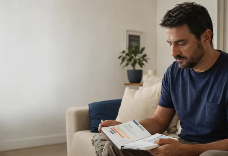 Homem brasileiro entre 30 e 45 anos sentado em uma sala clara, observando uma agenda com diferentes períodos marcados por cores discretas
