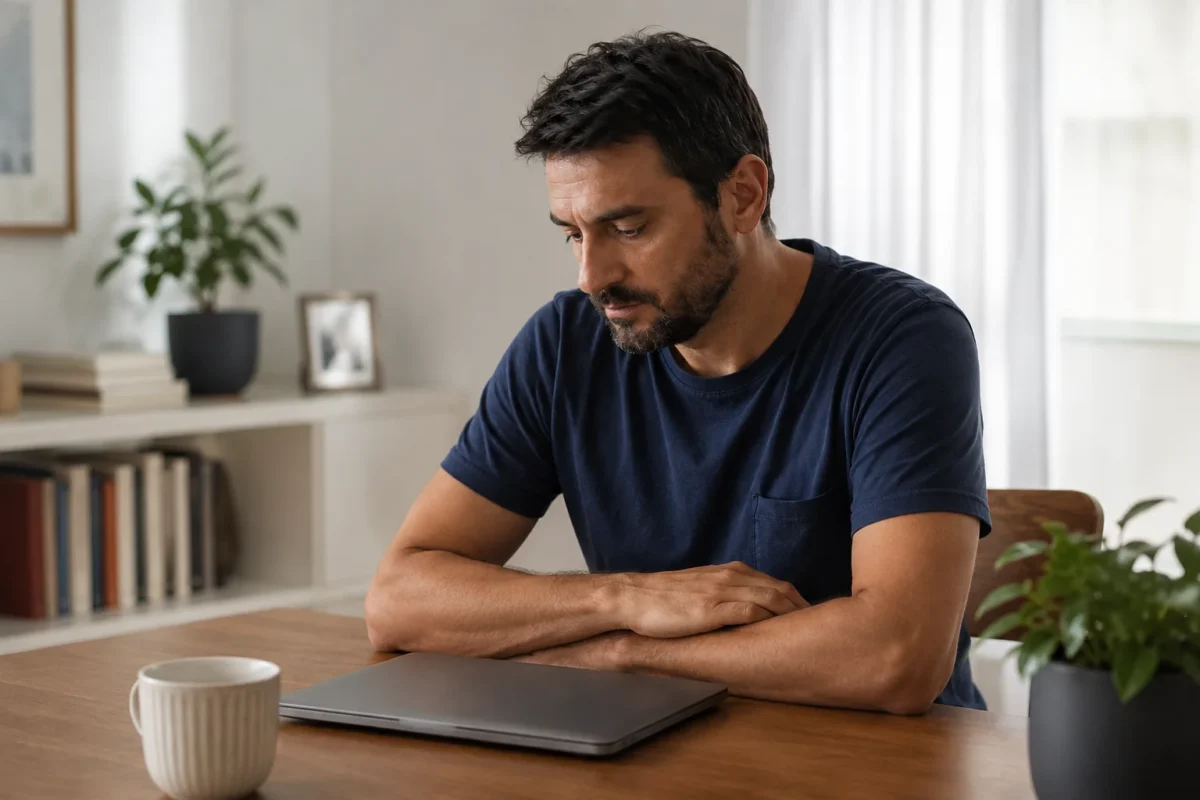 O mesmo personagem em outro momento, sentado à mesa pela manhã diante do notebook fechado, com postura de baixa energia e expressão discreta de desânimo