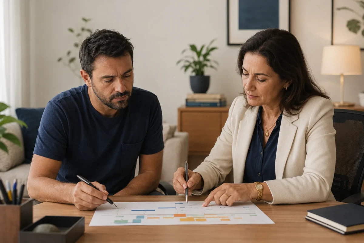 Consulta psiquiátrica com médica e paciente construindo juntos uma linha do tempo em folha ou calendário, observando sono, energia, impulsividade e tratamentos anteriores